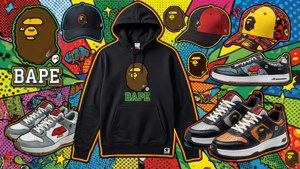 BAPE服裝系列，包括連帽衛衣、運動鞋和帽子，背景為漫畫風格。 — Bape GIF 壁紙