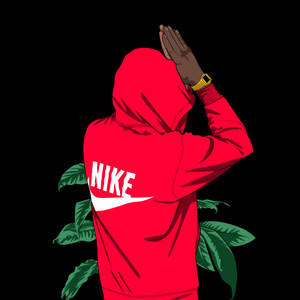 穿著紅色Nike連帽衫、雙手放在腦後的人，被綠葉環繞。