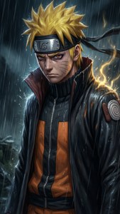 漩渦鳴人在雨中，閃電在他周圍劈啪作響，身穿黑色和橙色外套