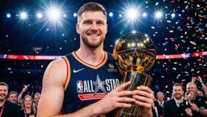 籃球運動員在紙屑慶祝中手持獎盃。