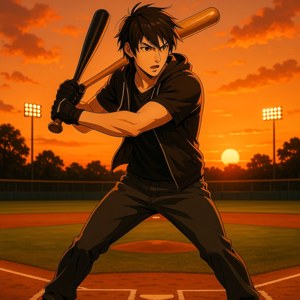 動漫棒球選手在夕陽下於本壘板握著兩根球棒