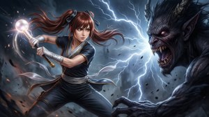 動畫女戰士在暴風雨中與惡魔怪物戰鬥，伴隨著閃電。