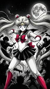 美少女戰士在滿月下被黑暗人物包圍的戰鬥姿勢。