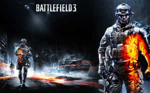 Battlefield 3 身穿戰鬥裝備的士兵穿越燃燒的城市街道。