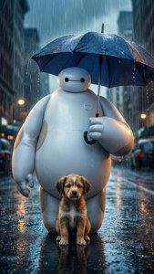 一個大型白色機械人在下雨的城市環境中用藍色雨傘保護一隻棕色小狗。