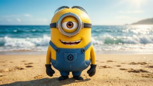 一個黃色卡通Minion在陽光明媚的海灘上微笑，背後有海浪。