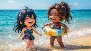 兩個Q版女孩在陽光明媚的海灘海浪中玩耍