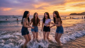 四位年輕女性在夕陽下於海浪中嬉笑玩耍