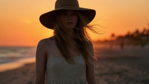 戴帽子的女人站在日落時分的海灘上，風吹動她的頭髮。