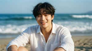 年輕男子在陽光海灘上微笑，背景有海浪