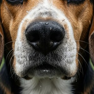 潮濕嘅巴吉度獵犬鼻，水滴喺毛同鬍鬚上