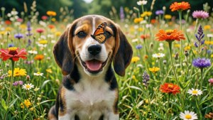 一隻小獵犬幼犬，眼睛上有蝴蝶，周圍是色彩繽紛的野花。
