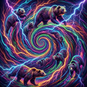 熊在旋轉的霓虹閃電風暴中奔跑，伴隨著彩虹能量