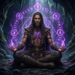 一個精靈在黑暗洞穴中冥想，周圍有發光的紫色魔法符文。