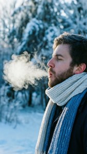 冬天在雪地森林中呼氣的圍巾男人