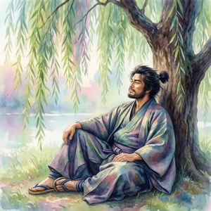 一位穿著傳統長袍的男人坐在湖邊的垂柳下。