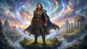 一位奇幻戰士站在浮空島上，被廢墟和魔法能量包圍。