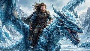 鬍鬚戰士在雪山中騎著冰龍