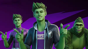 三個綠色皮膚、紫色服裝的Fortnite角色豎起大拇指擺姿勢。