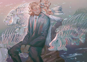 兩個穿著西裝的鹿頭男人坐在水下巨型魚骨之間。