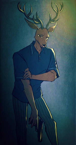 穿著藍色襯衫的擬人化鹿在昏暗的綠藍光中拿著槍。