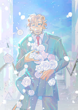 有獅子耳朵的動漫男人穿著青綠色西裝，手持白玫瑰，花瓣飄浮。