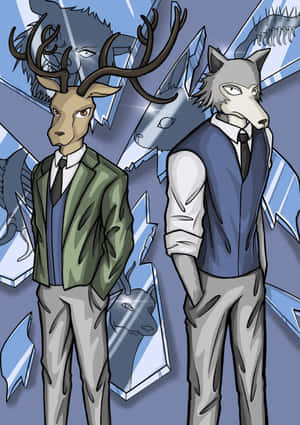 兩隻擬人化的鹿和狼穿著西裝，站在破碎的鏡子前，鏡子顯示動物面孔。