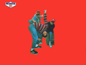 Beastie Boys樂隊成員以80年代街頭風格在紅色背景前擺姿勢。