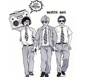 三個穿西裝戴太陽眼鏡的插圖男子拿著手提音響，並帶有文字「Beastie Boys」和「AHHHH... SABOTAGE」。
