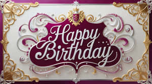 紫色背景上白色草書的Happy Birthday祝福，帶有金色和銀色裝飾漩渦紋