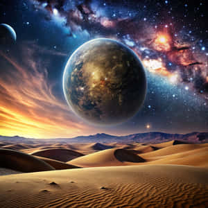 暮色天空下的沙丘，遠山上方有巨大行星和色彩繽紛的星雲。