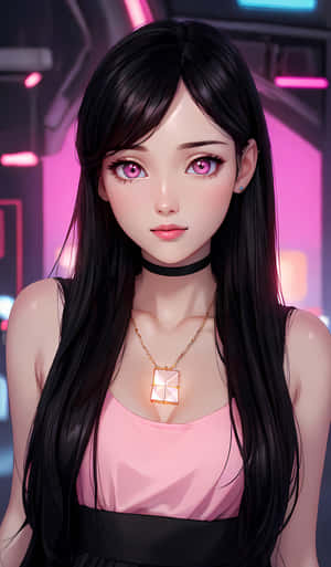在霓虹賽博龐克環境中，一位粉紅色眼睛、黑色頭髮的動漫女孩穿著粉紅色上衣和頸鏈。