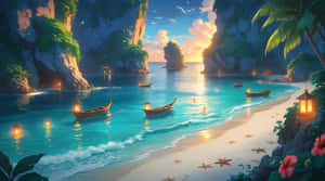 日落時分的熱帶海灘海灣，漂浮的燈籠和沙灘上的海星