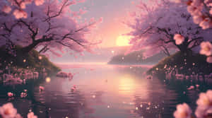 櫻花框住一條寧靜的河流，映照出金色日落，花瓣漂浮。
