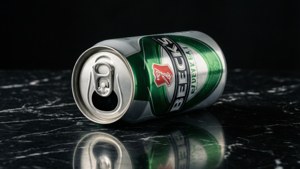 壓扁的Beck's啤酒罐在黑色大理石上帶倒影