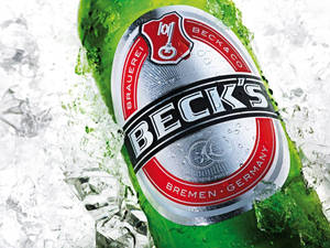 冰凍的Beck's啤酒瓶被冰塊包圍。