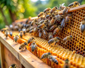 蜜蜂在戶外木製蜂箱內的蜂巢框架上積極工作。