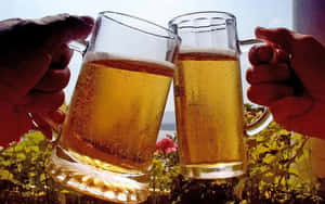 日落時分，兩隻手在戶外碰啤酒杯。