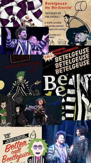 Beetlejuice 宣傳拼貼，包含舞台照片和海報。