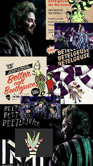 Beetlejuice 電影海報拼貼，主角穿著條紋西裝和綠色頭髮。