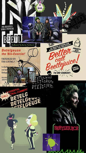 Beetlejuice 電影海報拼貼畫，包含角色和宣傳文字。