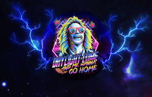 一個色彩繽紛頭髮和太陽眼鏡的人，被霓虹閃電和星星包圍。
