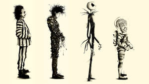 四個黑白風格化的動畫角色，包括 Beetlejuice 和 Jack Skellington。