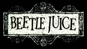 一個陰森的Beetlejuice標誌，帶有哥德風格的骷髏頭和骨架。