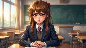 悲傷的動漫女孩穿著校服，獨自坐在空教室的書桌前。