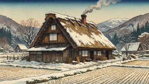 被雪覆蓋的傳統日本農舍，冬季山景中煙囪冒煙