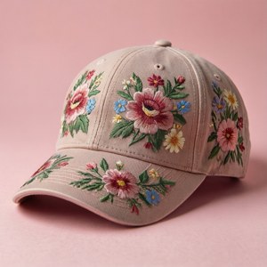 米色帽子，在粉紅色表面上帶有彩色花卉刺繡。 — Tecno Phantom V Flip2 壁紙