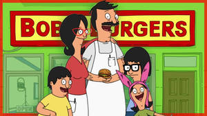 Bob's Burgers 一家在餐廳前微笑。