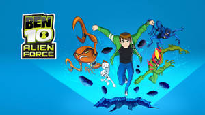 Ben 10 外星英雄 英雄與四種外星形態從碎裂地面跳躍。