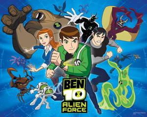 Ben 10 外星英雄團隊與外星形態，背景為藍色網格。 — 九個完美陌生人 壁紙